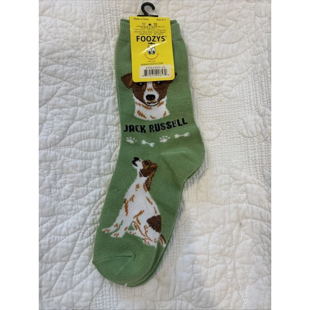 Foozy's Canine Collection Jack‎ Russell Socks Women SZ 9-11 Green PolyBlend New